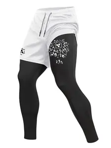 Men's Graphic Print 2 in 1 Compression Pants, Spring & Fall Gym Workout Fitness Tights Leggings with Phone Pocket, Zipper Pocket, Towel Loop, Sporty Running Quick Dry Baselayer Activewear, Athleisure Fitness Leggings