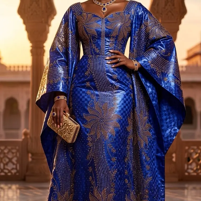 Getzner Dark blue Blue Flower Platinum Magnum Fabric with Pearls - Elegant Design, Gold and blue Floral Patterns, Gold Accents
