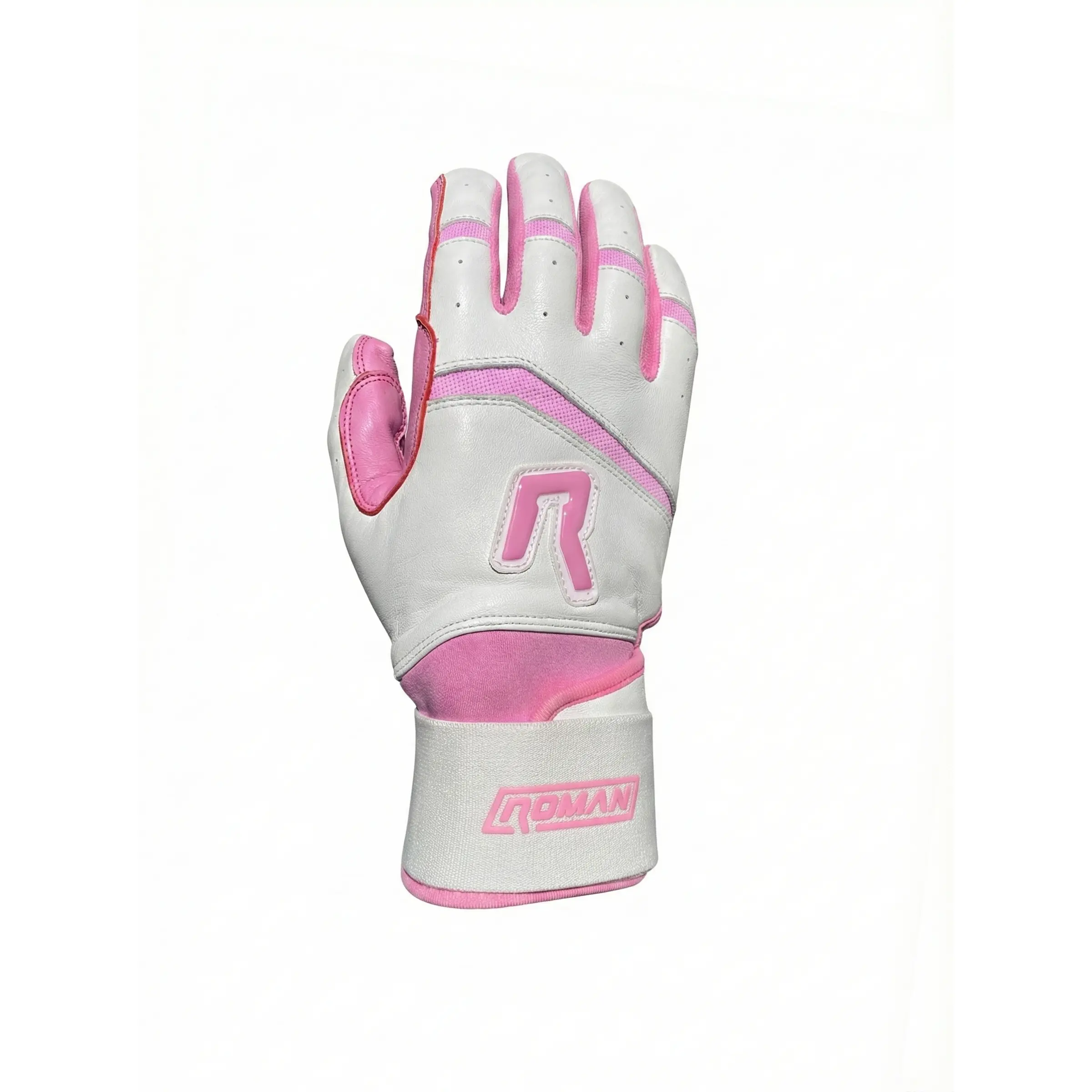 Roman Dingers Series Baby Pink & White Long Cuff Batting Gloves with FlashGrip Palm Reinforcement 0.9 mm Cabretta Leather for Maximum Control
