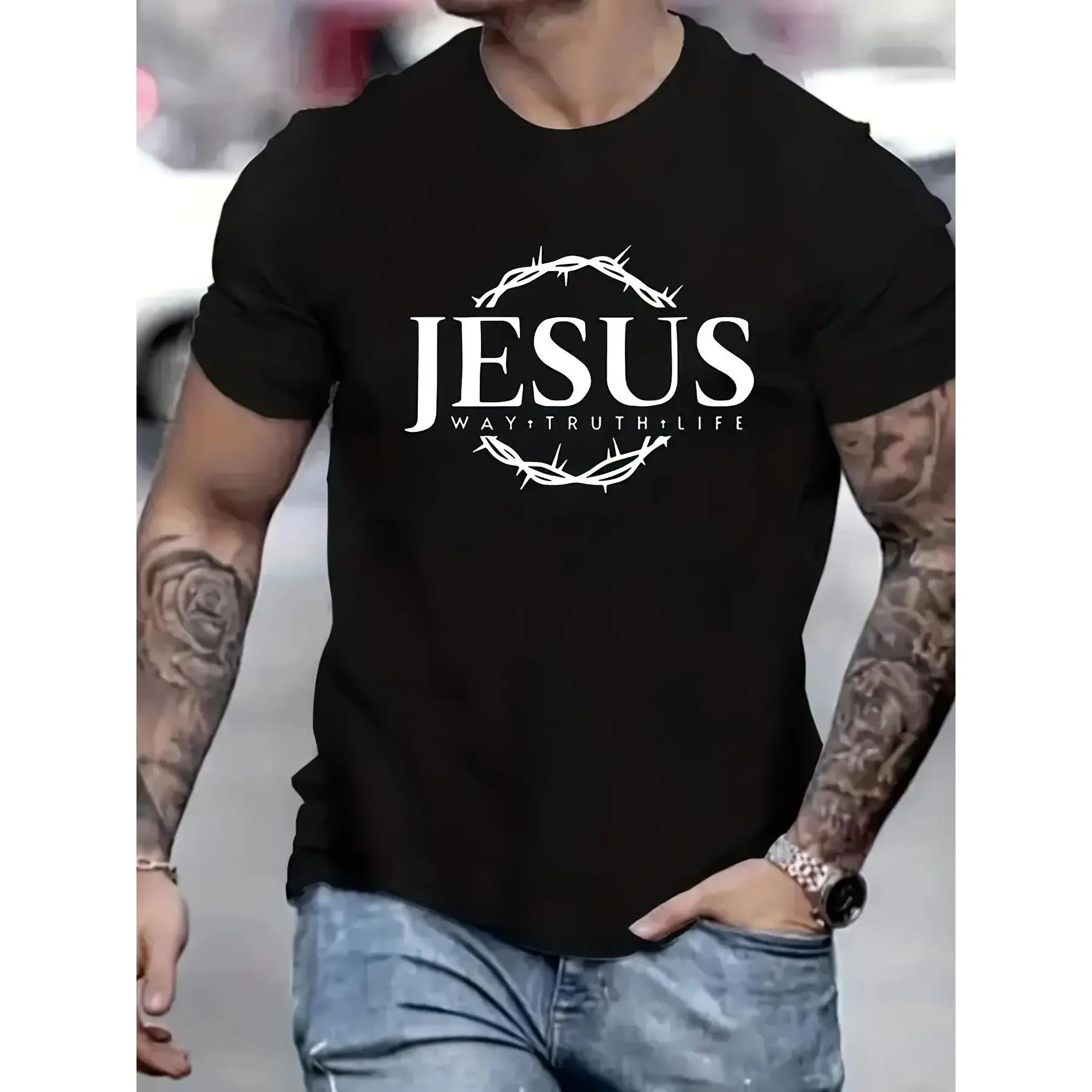 Men'S Short-Sleeve Shirt, One Piece, Made of High-Quality Breathable Fabric, Featuring a Jesus Print, Easy to Move In, Soft And Skin-Friendly.