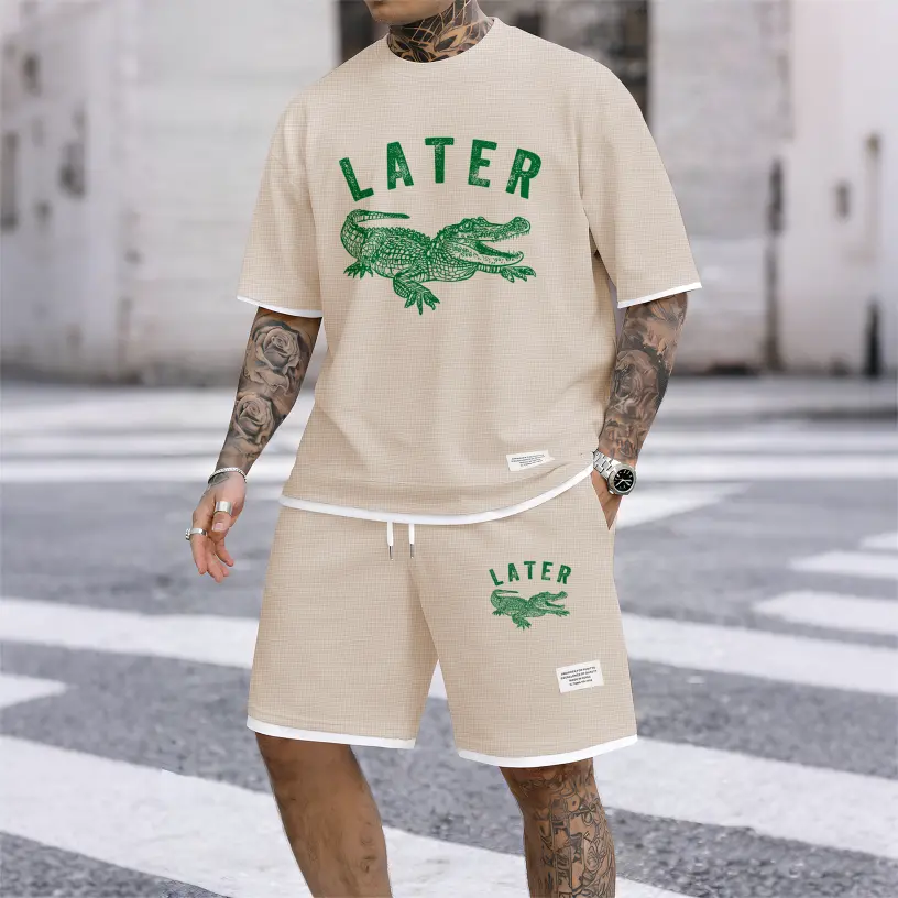 Men's Crocodile Graphic Waffle Fabric Shorts Set, Casual Short Sleeve Shirt and Shorts Two-Piece Athletic Outfit, Textured Summer Clothes for Daily Wear, Sports, Lounge, Vacation, and Outdoor Activities