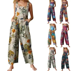 Women's Patchwork Dual Pocket Jumpsuit Loose Floral Print Bohemian Wide Leg Bib Overalls Casual Women's Printed Clothing Spring outfits