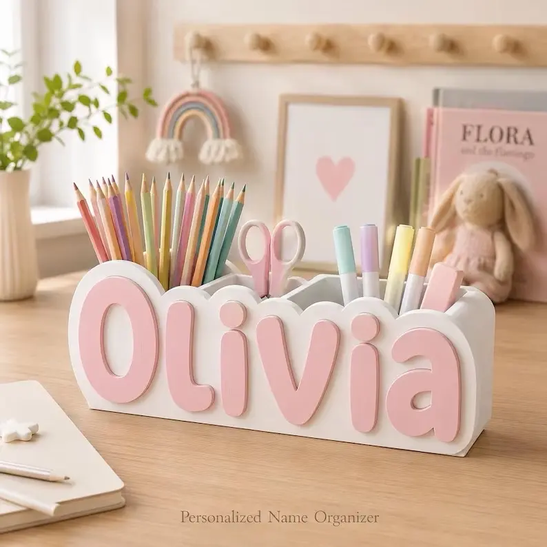 Personalized Name Desk Organizer - 3D Printed Pencil Holder for Kids Room Decor
