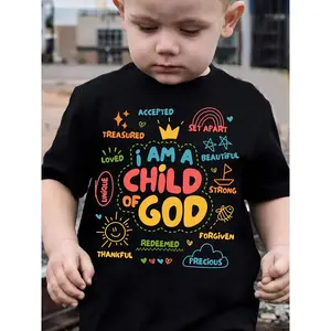 Letter I AM A CHILD OF GOD Letter Print Boys Creative T-shirt, Casual Lightweight Comfy Short Sleeve Tee Tops, Boys Clothes For Summer