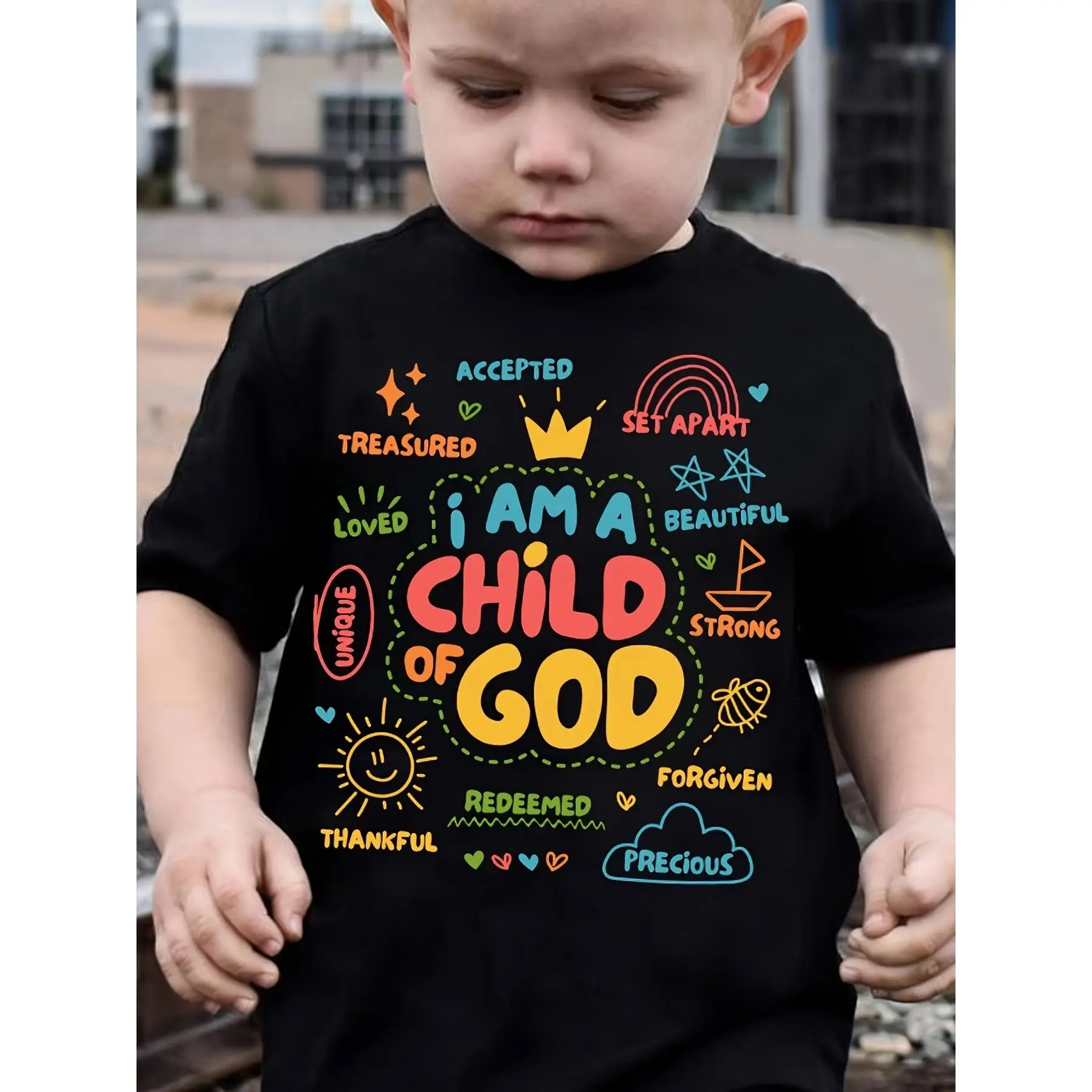 Letter I AM A CHILD OF GOD Letter Print Boys Creative T-shirt, Casual Lightweight Comfy Short Sleeve Tee Tops, Boys Clothes For Summer