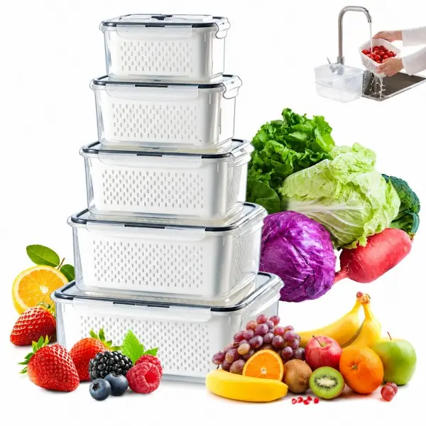 Transparent Plastic Stackable Strainer Storage Jars (5pcs/7pcs, 27oz/380ml Multi-Size) - Kitchen Gadgets Storage Containers with Removable Colander, Leakproof, Dishwasher & Microwave Safe, All-in-1 Wash+Drain+Store Fridge Organization Tool, Utensils, Foo