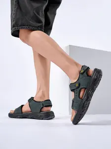 Men's Dark Gray Velcro Outdoor Sandals Breathable Non-Slip Beach Shoes Soft Sole Wear-Resistant Hiking Sandals