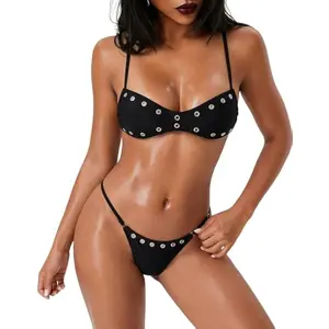 SwimWeek Womens Sexy Studded Bikini Set Bandeau Cheeky High Cut Thong 2 Piece Swimsuits