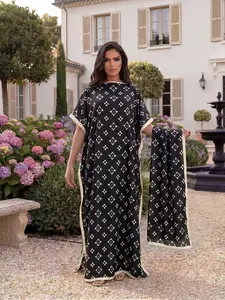 Elegant All-Over Printed Robe Set Fitted, Long Dress & Headscarf, Beach Outdoor Sun Protection Satin Scarf, Women's Fashion Accessory