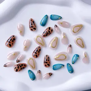 Leopard Print Fake Nails, French Tip Press On Nails, Almond Shape Nails, Gold Accents Long Nails, Celestial Gold Star Nails, Gold Pearl Nails, Blush Blue Nails