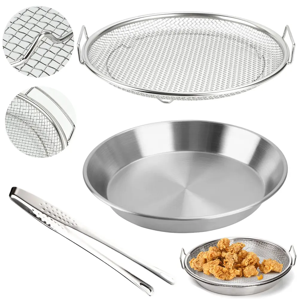 Stainless Steel Air Fryer Basket Set Round Air Fryer Grill Mesh Tray Baking Pan with Food Tongs Non‑Rust Reusable Air Fryer Accessories for Oven Air Fryer Baking Roasting Cooking Chicken Fries Vegetables