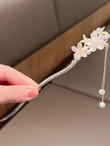 Floral Blue Tassel Alloy Hair Clip, Swinging Hair Accessory for Women, Fashionable Hair Jewelry, Elegant Hair Decoration