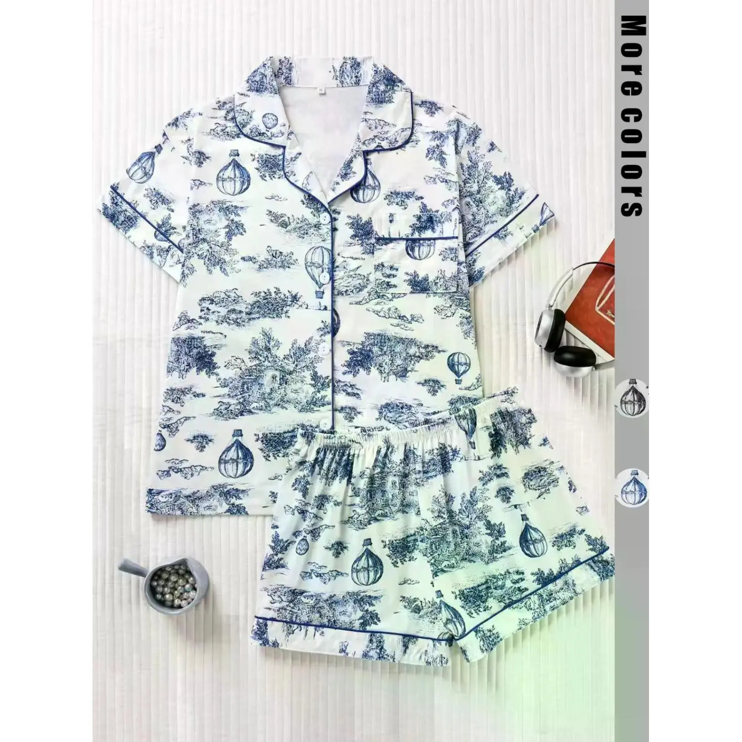 Elegant Women's Vintage Balloon Print Two-Piece Pajama Set – Relaxed Button-Up Short Sleeve Top & Shorts for All Seasons Sleepwear