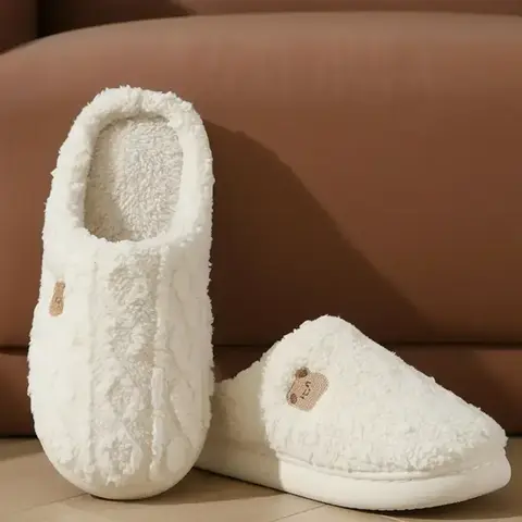 Women's Cute Cartoon Bear Design Plush Slippers, Fuzzy Warm Slippers, Casual Soft Comfortable Home Slippers, Fuzzy House Slippers, Fun Slippers, Warm for Indoor & Outdoor Use for Fall & Winter, Slippers Shoe