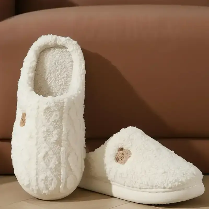 Women's Cute Cartoon Bear Design Plush Slippers, Fuzzy Warm Slippers, Casual Soft Comfortable Home Slippers, Fuzzy House Slippers, Fun Slippers, Warm for Indoor & Outdoor Use for Fall & Winter, Slippers Shoe