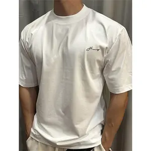 Mens Oversized Heavyweight Cotton Crewneck T Shirt Streetwear Basic White Short Sleeve Drop Shoulder Boxy Fit With Small Chest Embroidered Humoro