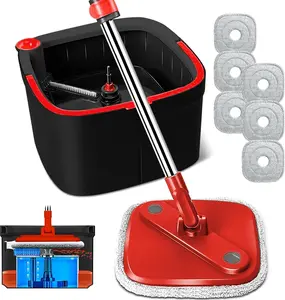 TIKAATOK <Black and Red >Spin Mop and Bucket Hardwood Floor Cleaning Mop and Bucket Set - Rotatable + 6 Microfiber Pads