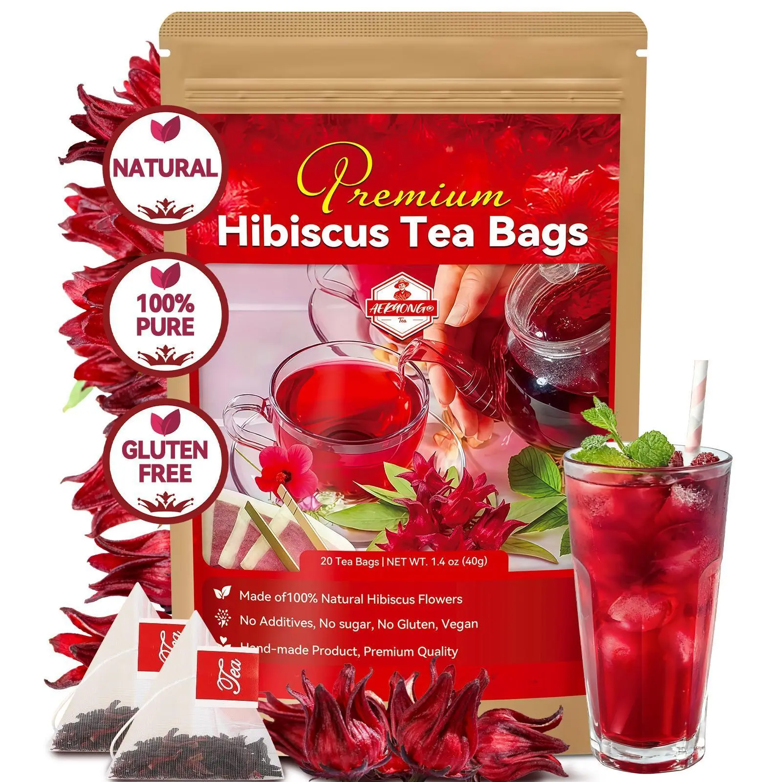 Organic Hibiscus Tea Bags (100 Count, 20 Cups – Check Packaging), Vegetarian Herbal Wellness Beverage, Caffeine-Free Gluten-Free Self-Care Drink, Natural Ingredients TeaTok Favorite for Cozy Routines