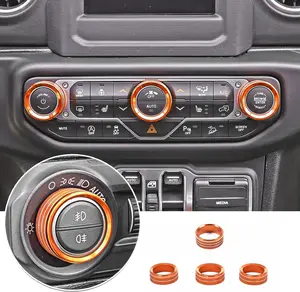Air Conditioner Radio Switch Knob Cover & Headlight Knob Cover Aluminum Alloy AC Button Trims Compatible with Jeep Wrangler 2018-2023 JL JLU & 2020-2023 Gladiator Specific Dial Panel, Orange