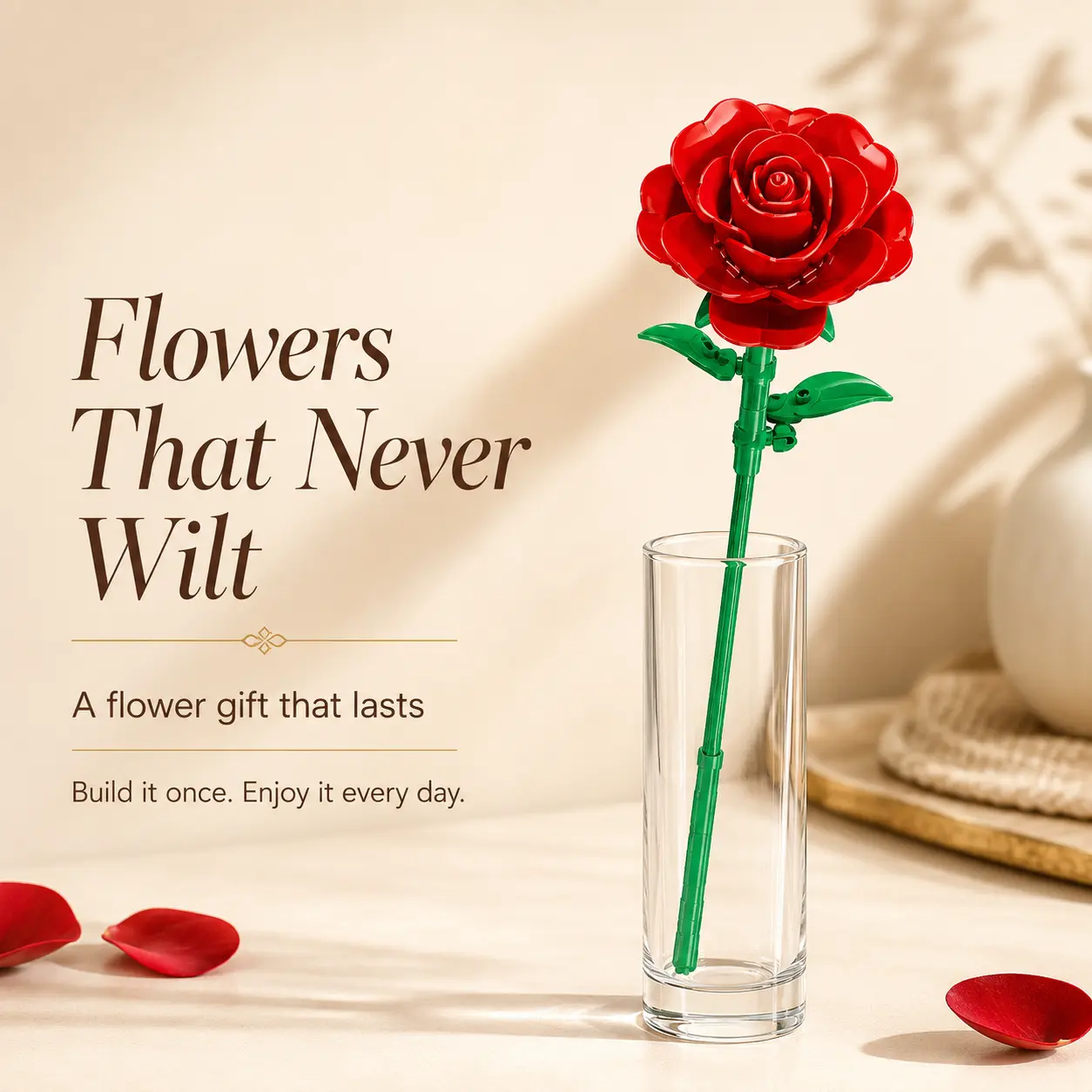 3-Style Single Stem Building Block Rose Set, DIY Brick Flower Kit for Desk Room Decor, Red Blue Champagne Roses, Flowers That Never Wilt, Creative Gift for Her, Birthday Holiday Valentine’s Day Gift