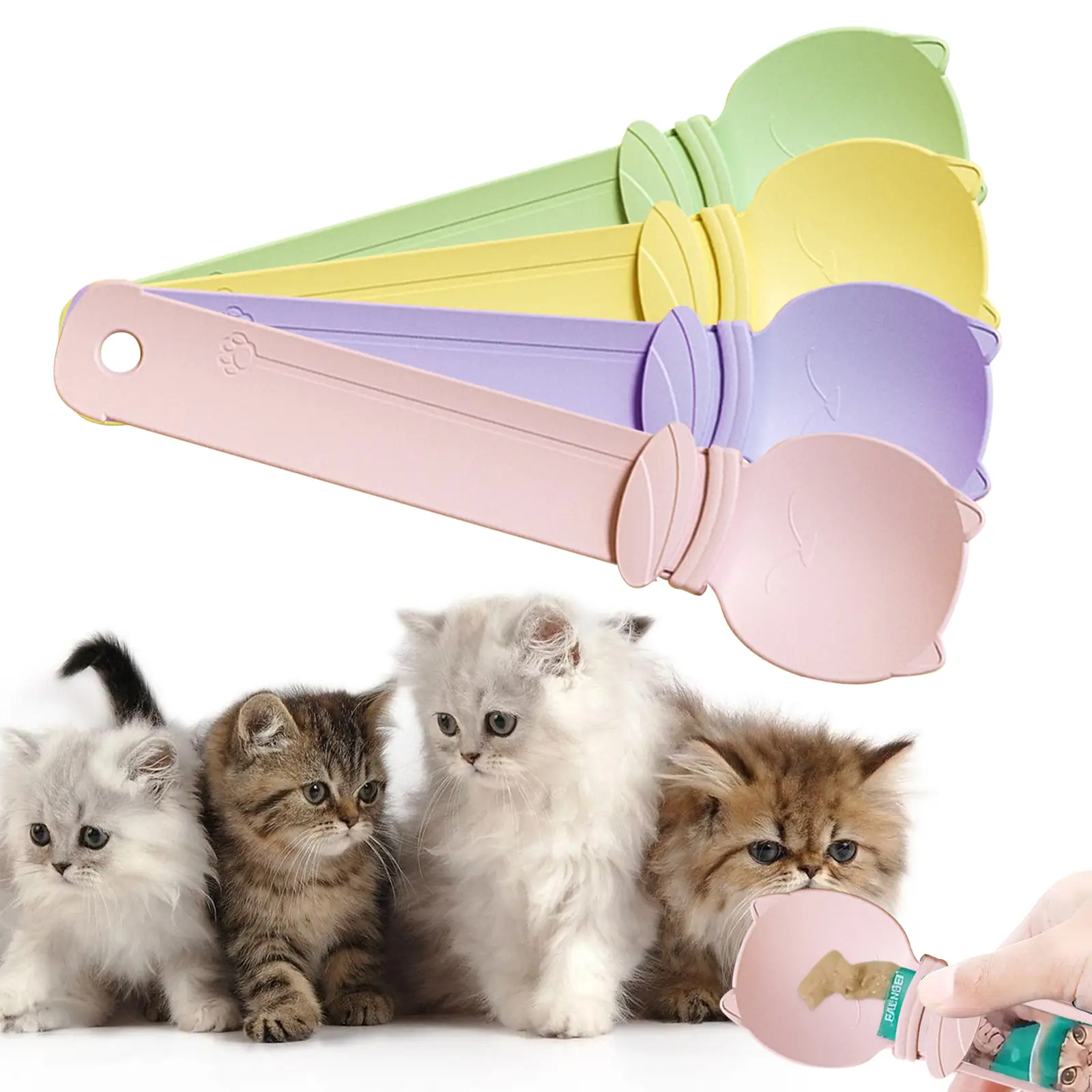Cat Treat Feeder - 4 Pcs Interactive and Mess-Free Snack Press Feeders with Extra Long Handle, Handheld Dog Kittens Clean&Healthy Feeding Accessories