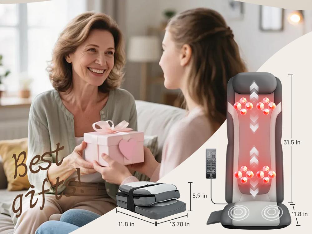 Snailax Gifts for Men Women Chair Back Massager for Full Back Pain Relief Deep Tissue, Vibration Heated Seat Cushion Long Track Dual 3D Shiatsu Rollers, 3 Height Settings Foldable Massage Chair Pad