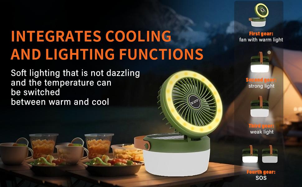 Solar Powered Camping Fan – 3-Speed with 4 Light Modes, USB & Solar Charging, Portable Solar Fan for Tent, Hiking, Emergency Use