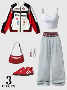 Women's Racing Element Jacket Set with Tank Top and Striped Sweatpants, Spring & Fall Casual Wear, Three-Piece