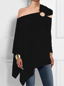 Women's Plain Asymmetrical Shoulder Tee, Asymmetric Off Shoulder, Casual Classy Top, Basic Casual Long Sleeve T-shirt for Daily Wear, Ladies Clothes for All Seasons