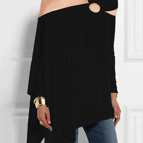Women's Plain Asymmetrical Shoulder Tee, Asymmetric Off Shoulder, Casual Classy Top, Asymmetric Hem Top, Basic Casual Long Sleeve T-shirt for Daily Wear, Ladies Clothes for All Seasons