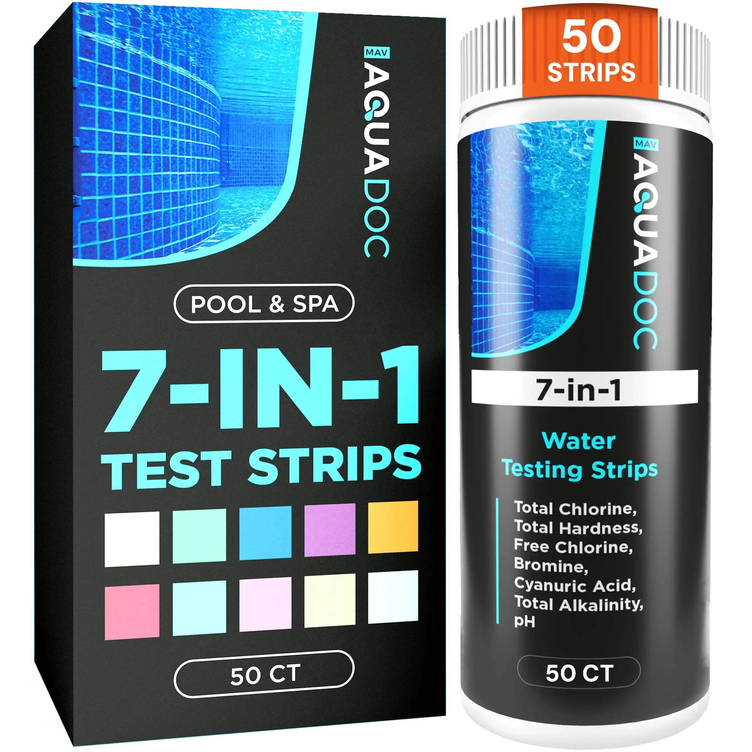 AquaDoc 7-in-1 Multi-Parameter Pool & Hot Tub Water Testing Strips - 50 Pool and Spa Test Strips for Accurate Readings of pH, Free Chlorine, Bromine, Total Alkalinity, Cyanuric Acid, 50 Ct