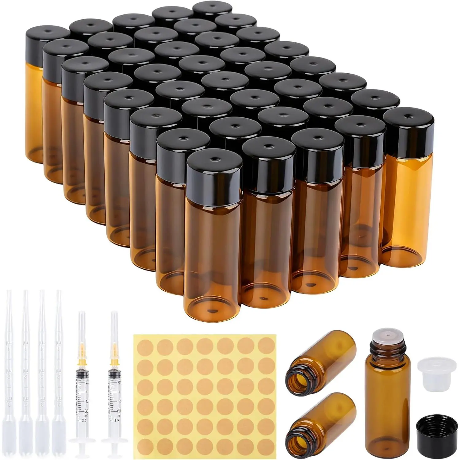 Bottles Storage Set, 40-Pack 5ml Amber Dropper Vials, Leak-Proof for Essential Oils & Perfumes with Pipettes, Syringes & Labels, Glass Bottle, Brown Glass, 5Ml Dropper Bottles