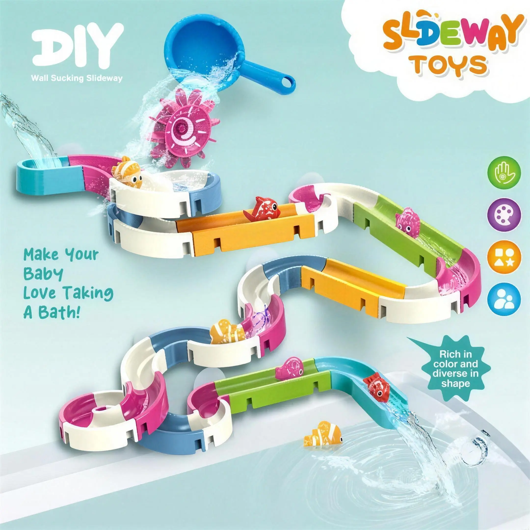 DIY Creative Building Water Slide Set, 21/31/48 pcs – Spinning Fish & Suction Cup, Water Wheel, Gift, Bathfun kids toys Play