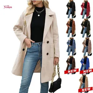 Women’s winter warm wool-blend outerwear with a mid-to-long length, double-breasted design, and a stand-up collar; casual and fashionable polyester blend GARMENTARY