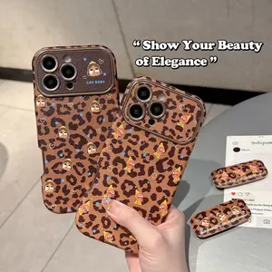Leopard Print Star Phone Case for iPhone 17-14 Series, Leather Feel, Stand Included, Creative Design, Anti-Drop Protection, Shockproof