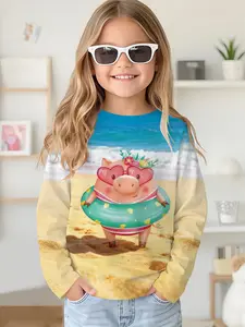 Blue and yellow gradient beach pig digital printed long-sleeve crewneck drop-shoulder sweatshirt top T-shirt, long-sleeve T-shirt clothing for girls in spring and autumn, 100% polyester, the best gift for girls