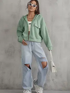 One piece women's short hooded Long sleeve casual loose zipper jacket, suitable for autumn and winter, suitable for home, indoor, and outdoor wear