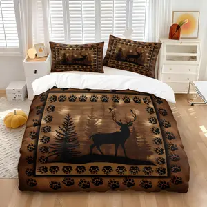 2/3Pcs Duvet Cover Set, Rustic Wildlife Deer Bear Print Bedding Set, Vintage Cabin Style, Soft Microfiber Breathable, Hidden Zipper Closure, Fade Resistant, Perfect for Bedroom, Lodge, Hunting Cabin & Outdoor Enthusiasts