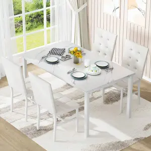 5 Pieces   Set, Solid Metal Frame  + 4 PU Leather Upholstered Chairs, 4 People, Suitable For Kitchen Living  And   dining table