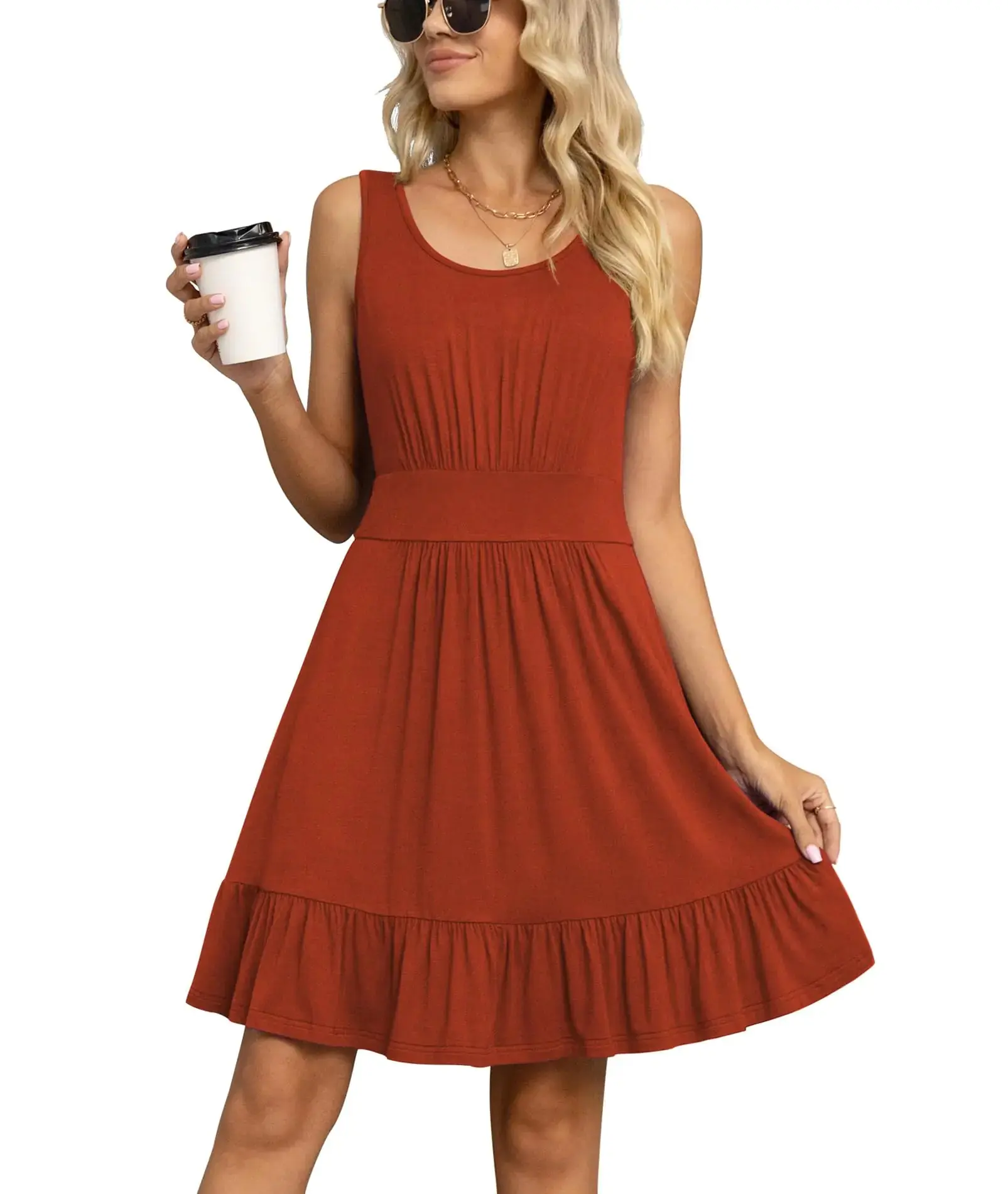 LILBETTER Womens Summer Casual Sleeveless Dress Plus Size Pleated Tank Dress(Caramel 3X-Large)