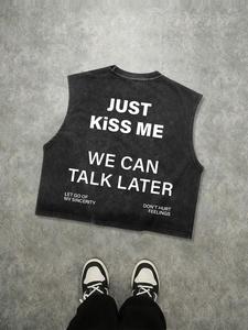 men's just kiss me letter print tank top, loose casual street sleeveless top for summer, men's clothes for daily wear, socks