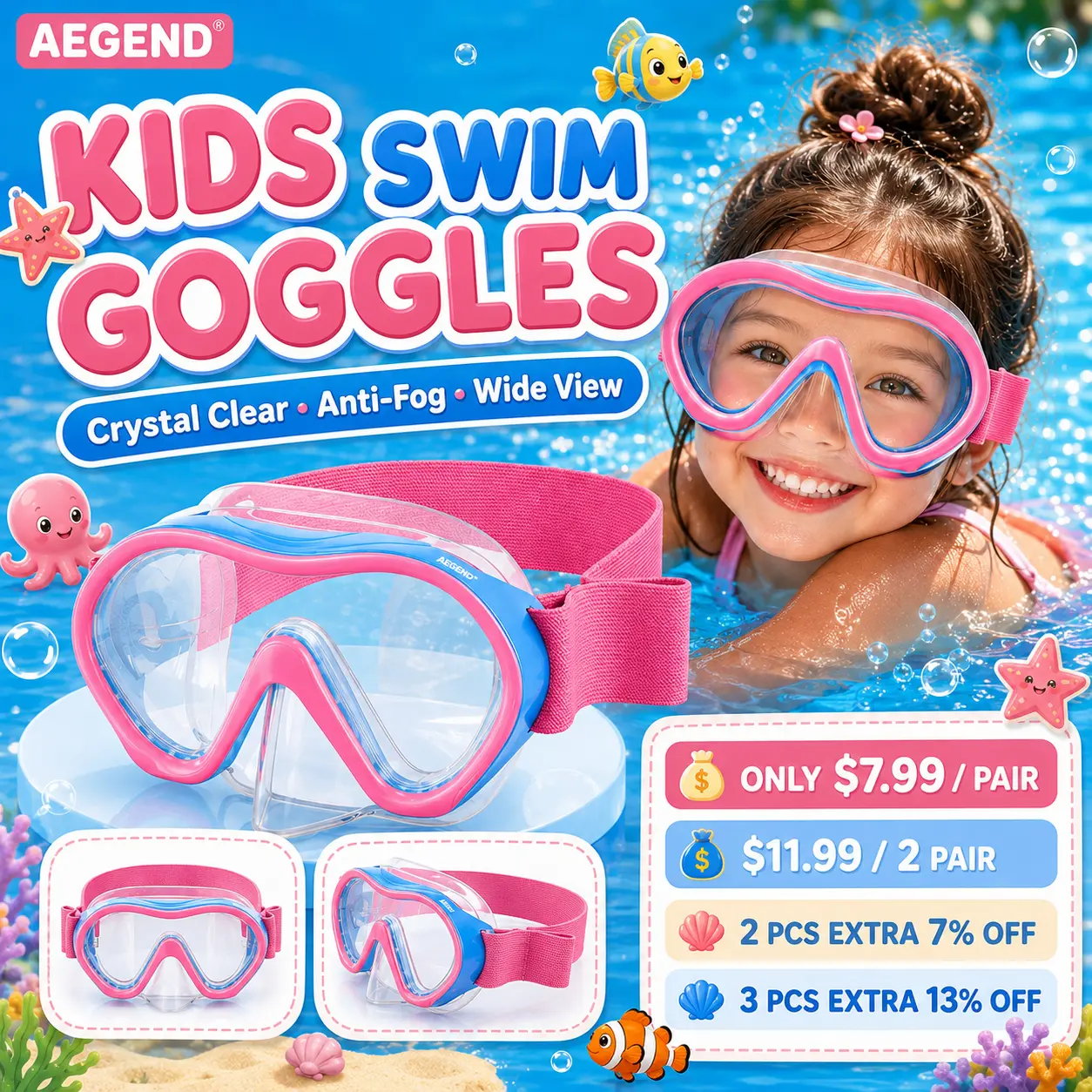 Aegend Kids Water Goggles - Swimming Accessories with Nose Cover, Anti-Fog Knitted Strap, No-Leak Design, Wide View, Clear Vision Diving Swimming Goggles for Boys and Girls tiktokshopbacktoschool