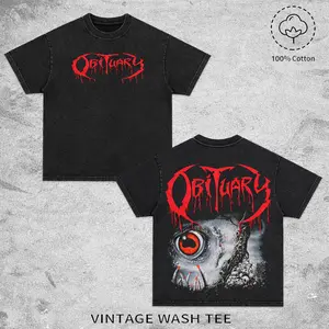 Obituary Vintage Retro Unisex Washed T-Shirt, Death Metal Band Graphic Tee, Horror Skull Red Eye Heavy Cotton Oversized Shirt, Gift For Rock Music Lovers, Graphic Crew Neck T-shirt