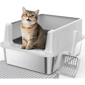 Stainless Steel Cat Litter Box with Lid, Metal Kitty Litter Box for Small Cats, Kitten Litter Boxs with Scoop and Mat, Non-Sticky, Anti-Leakage, Easy to Cl