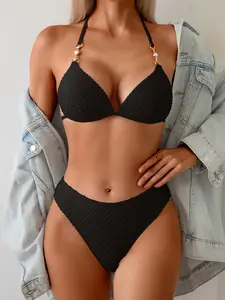 Women's Bikini Set, Sexy Solid Color V-Neck Tie Neck Hard Bag, Back Strap Gathered Swimwear Two-Piece, Ruched Knot Bikini, Summer Vacation Style, Solid Backless Swimsuit, Ruched Bikini Bottoms