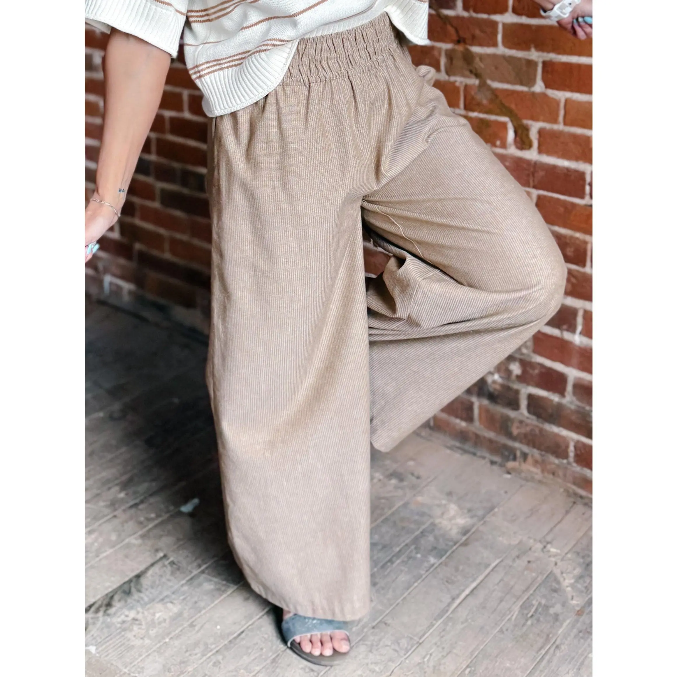 Soft Structure Pinstripe Wide Leg Linen Pants, Camel
