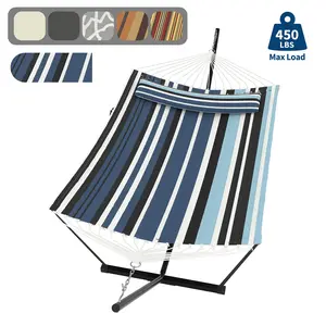 Double Hammock with Carry Bag, 2 Person Hammock with Heavy Duty Metal Stand, Cotton Fabric, Widening Design, 450 LBS Weight Capacity, Suitable for Indoor Outdoor