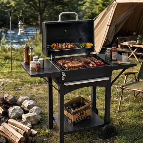 Karlhome Iron Portable Charcoal Grill - 794 SQ.IN. Cooking Area, Adjustable Heat Charcoal Tray, Foldable Side Table, Crank Handle, Warming Rack Ready, 116x57x108cm/45.7x22.4x42.5in, for Garden Outdoor Patio, Commercial Restaurant Furniture, Heat Adjuster