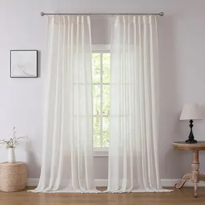 Boho 2 Panels Semi Sheer Pinch Pleated Curtains,Linen Blended 95 Inches Long Window Treatments,Light Filtering Pinch Pleat Drapes for Farmhouse Living Room 36" W x 95" L,18 Hooks,Beige