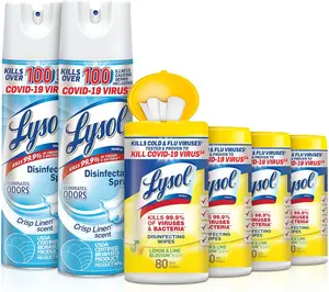 Disinfectant Multi-Surface Cleaning Wipes, Lemon and Lime Blossom, 80 Count (Pack of 4) Sanitizing Spray, Crisp Linen, 19 Fl Oz Each 2)